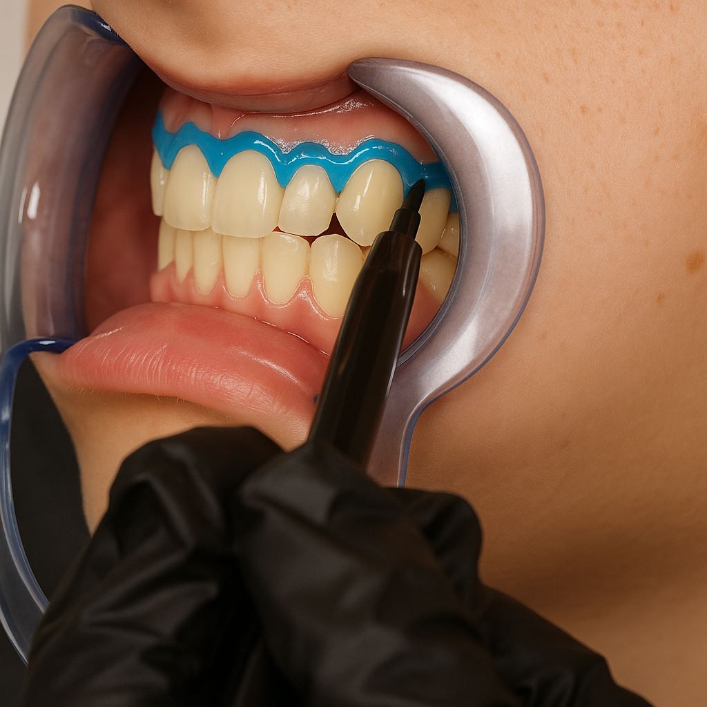 Application de la protection des gencives, bouche maintenue ouverte par un écarteur